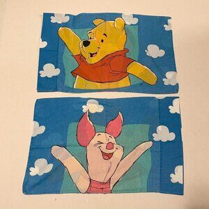 Vtg 2 Disney Winnie The Pooh Piglet Standard Pillow Case Blue White Clouds